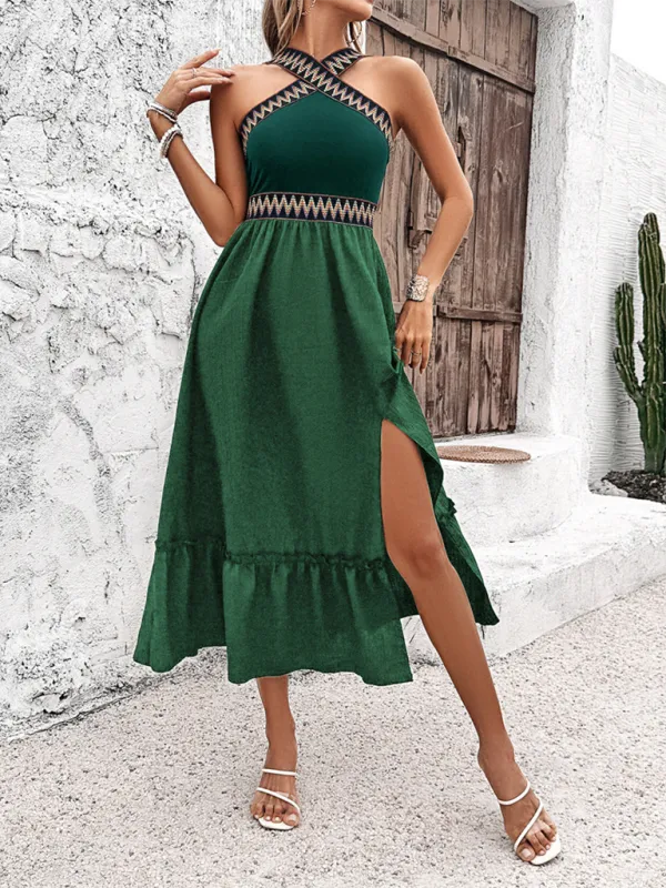 Halter Neck Midi Dress with Geometric Pattern and Ruffled Hem