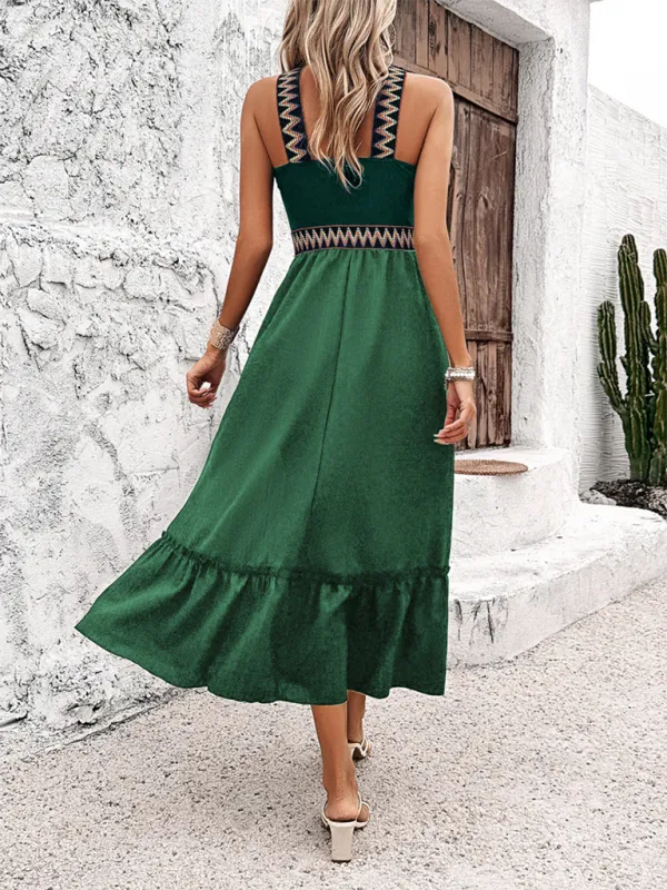 Halter Neck Midi Dress with Geometric Pattern and Ruffled Hem