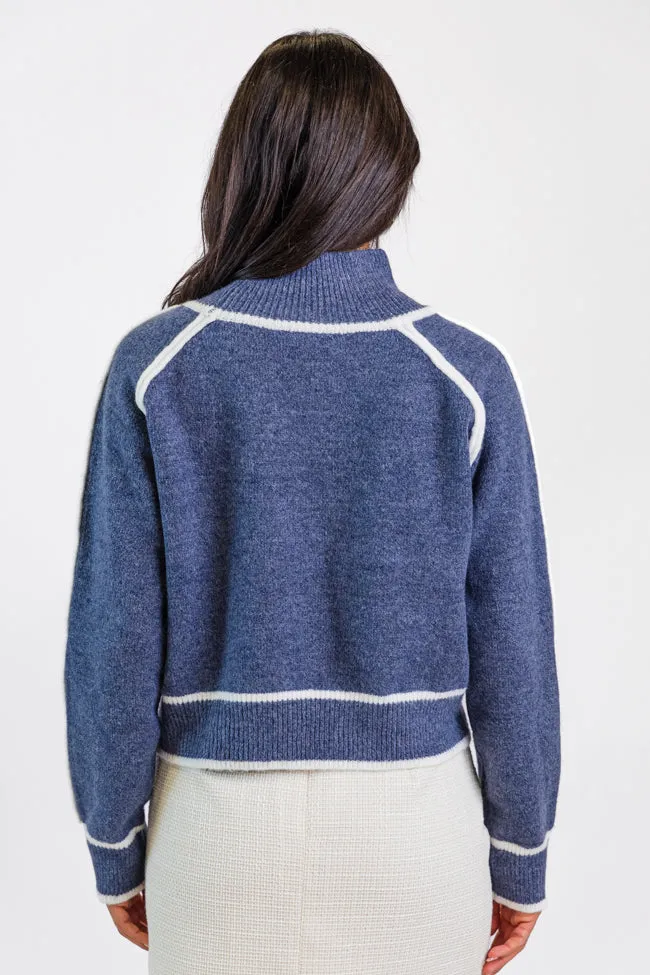 In Between Navy and Ivory Contrast Stitch Mock Neck Sweater FINAL SALE