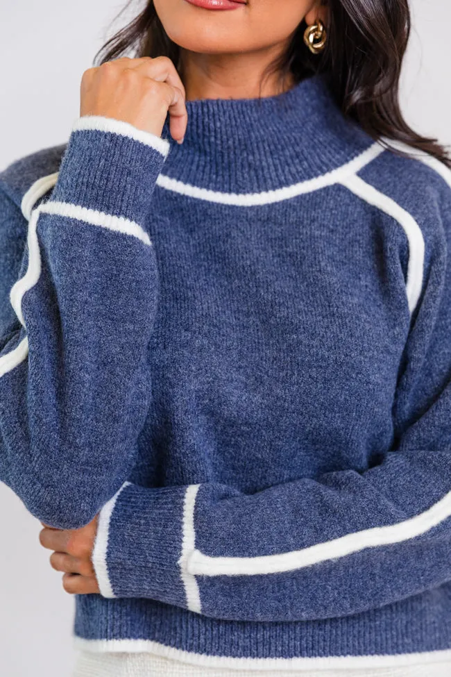 In Between Navy and Ivory Contrast Stitch Mock Neck Sweater FINAL SALE