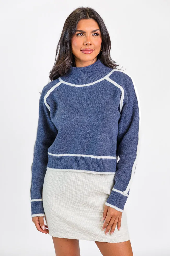 In Between Navy and Ivory Contrast Stitch Mock Neck Sweater FINAL SALE