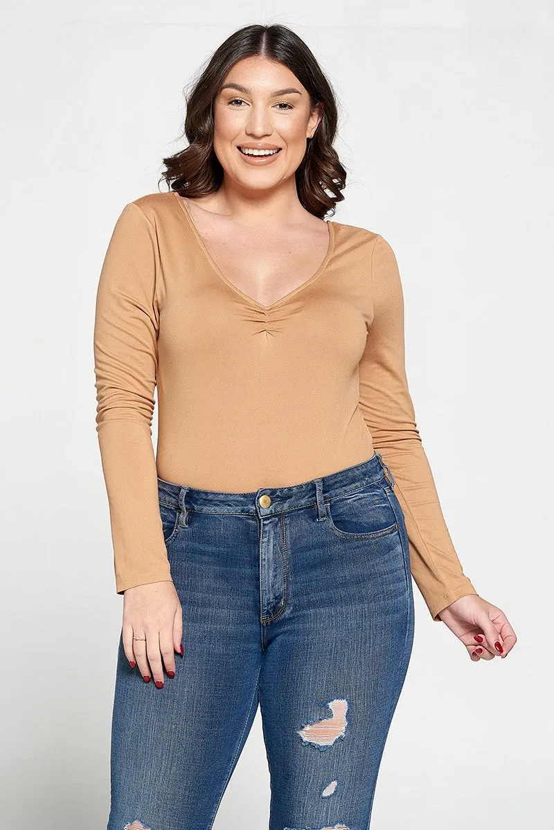 #ITJS4519-PLUS | Tops | Junior Plus Long-Sleeve V-Neck Bodysuit with Scoop Back