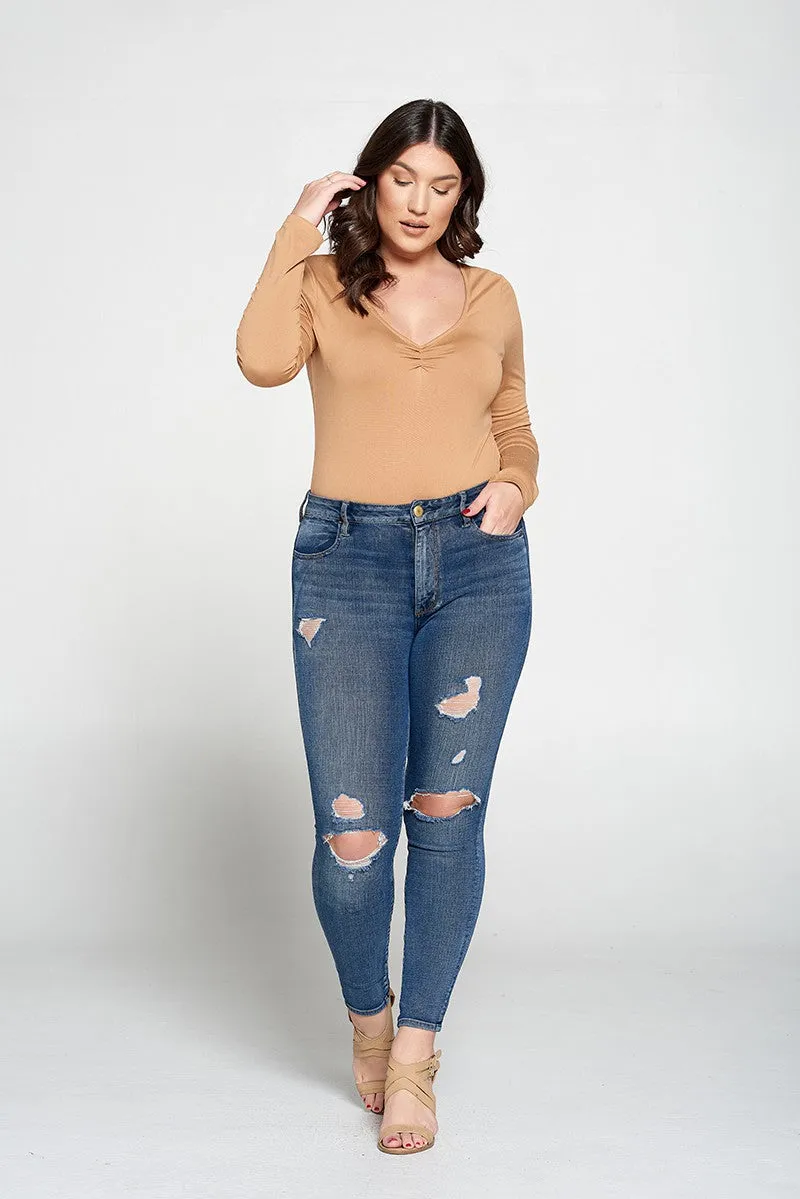 #ITJS4519-PLUS | Tops | Junior Plus Long-Sleeve V-Neck Bodysuit with Scoop Back