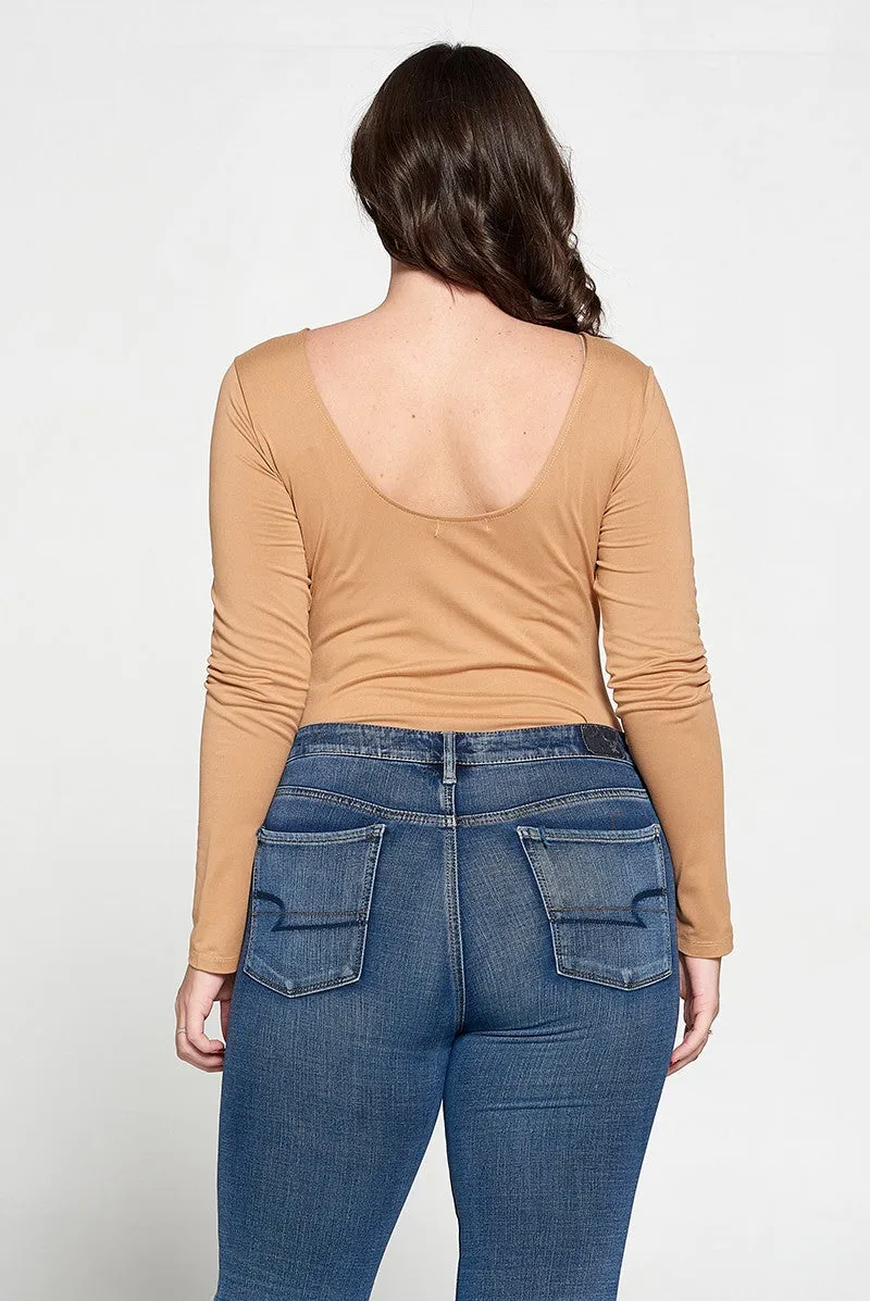 #ITJS4519-PLUS | Tops | Junior Plus Long-Sleeve V-Neck Bodysuit with Scoop Back