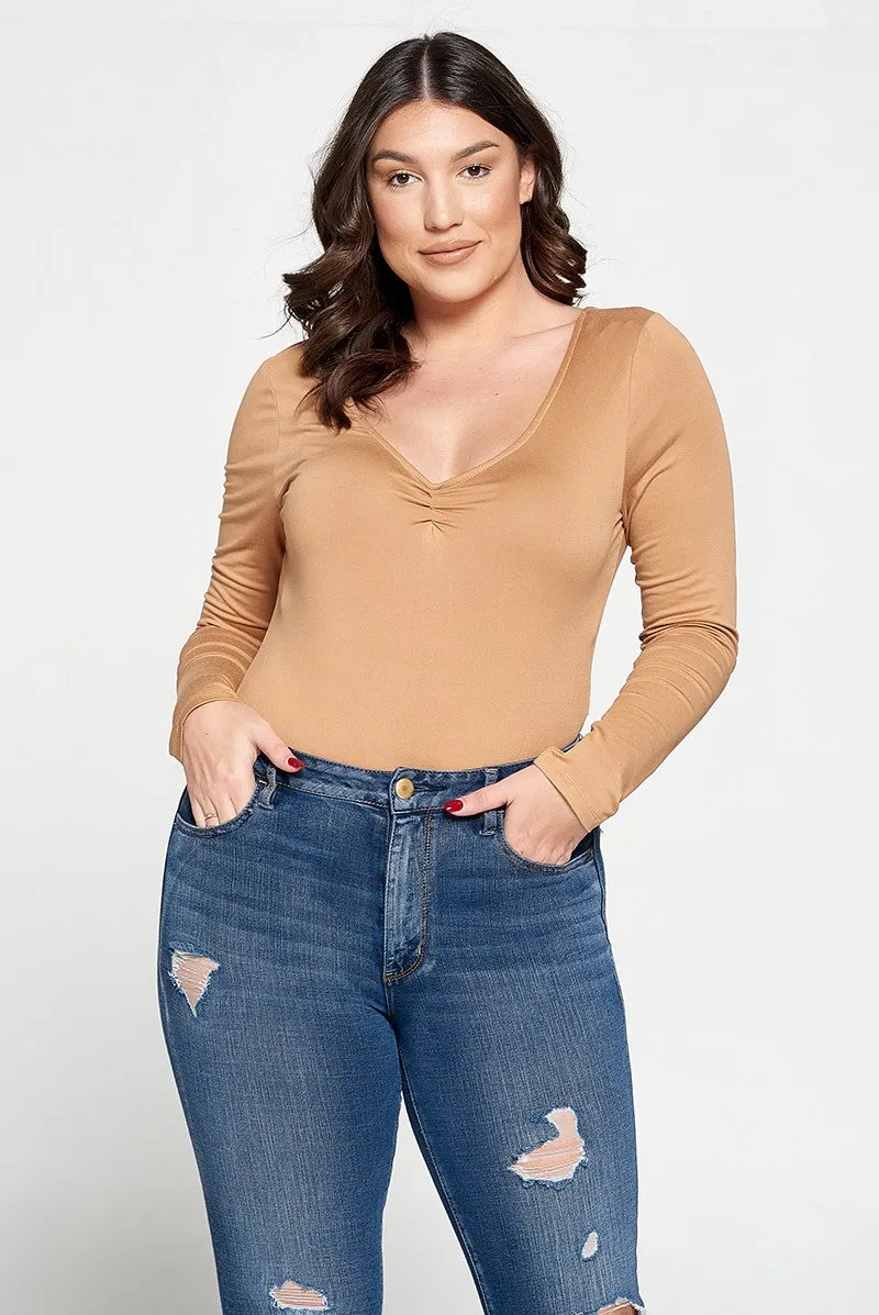 #ITJS4519-PLUS | Tops | Junior Plus Long-Sleeve V-Neck Bodysuit with Scoop Back
