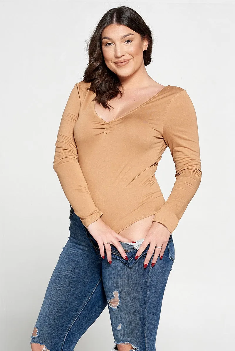 #ITJS4519-PLUS | Tops | Junior Plus Long-Sleeve V-Neck Bodysuit with Scoop Back