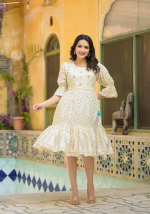 Ivory Ethnic Motif Printed Viscose Short Dress With Dori