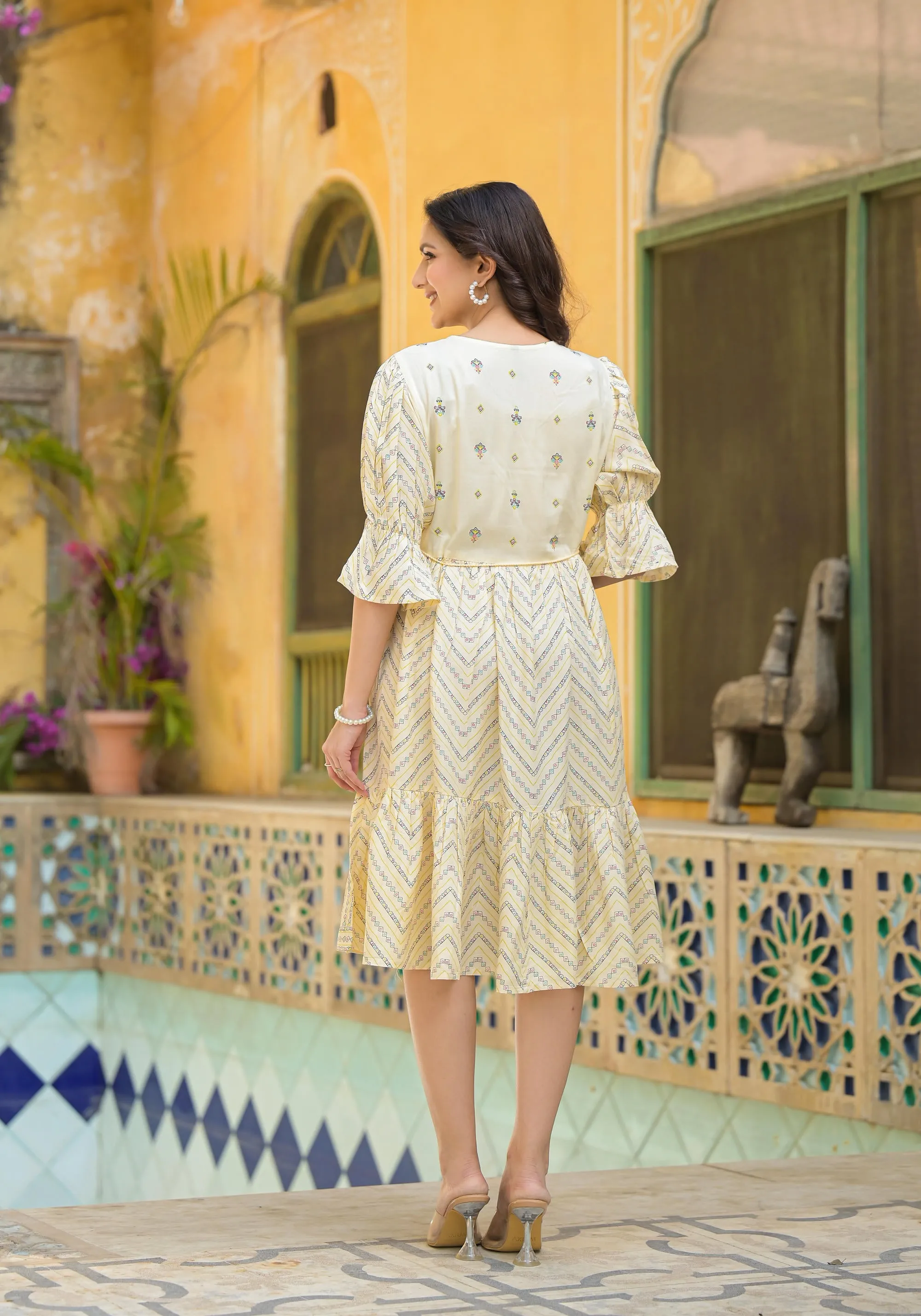Ivory Ethnic Motif Printed Viscose Short Dress With Dori