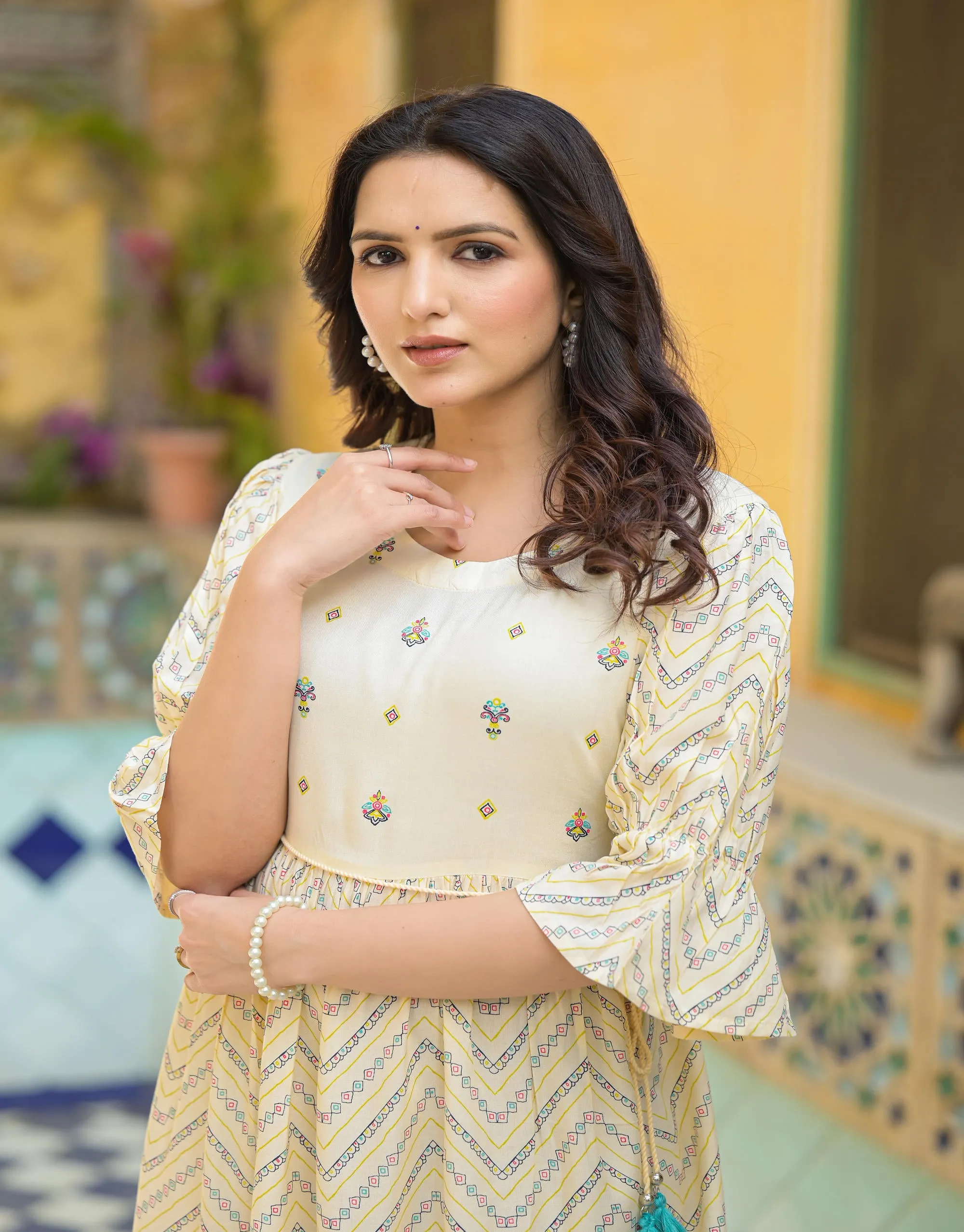 Ivory Ethnic Motif Printed Viscose Short Dress With Dori