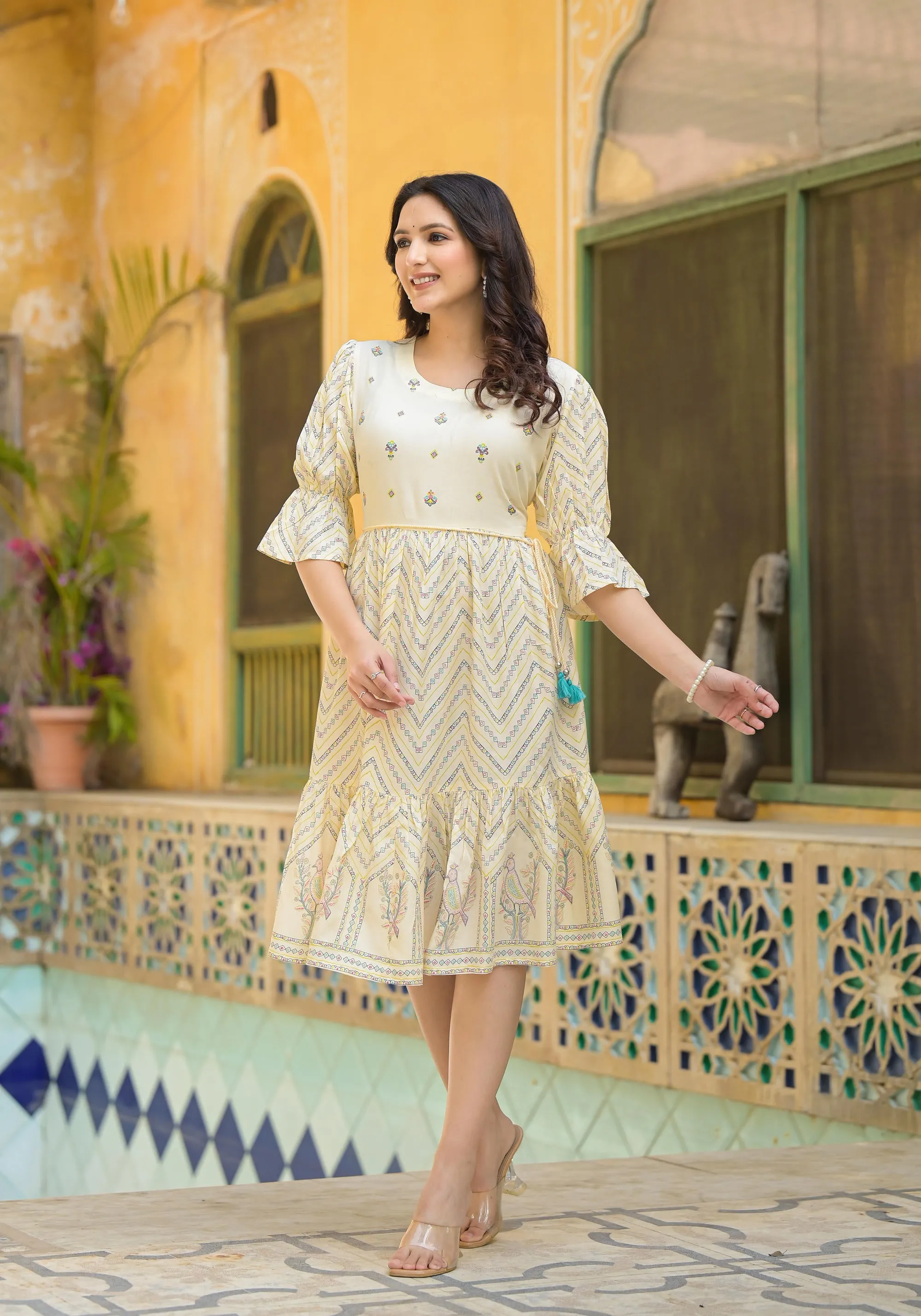 Ivory Ethnic Motif Printed Viscose Short Dress With Dori