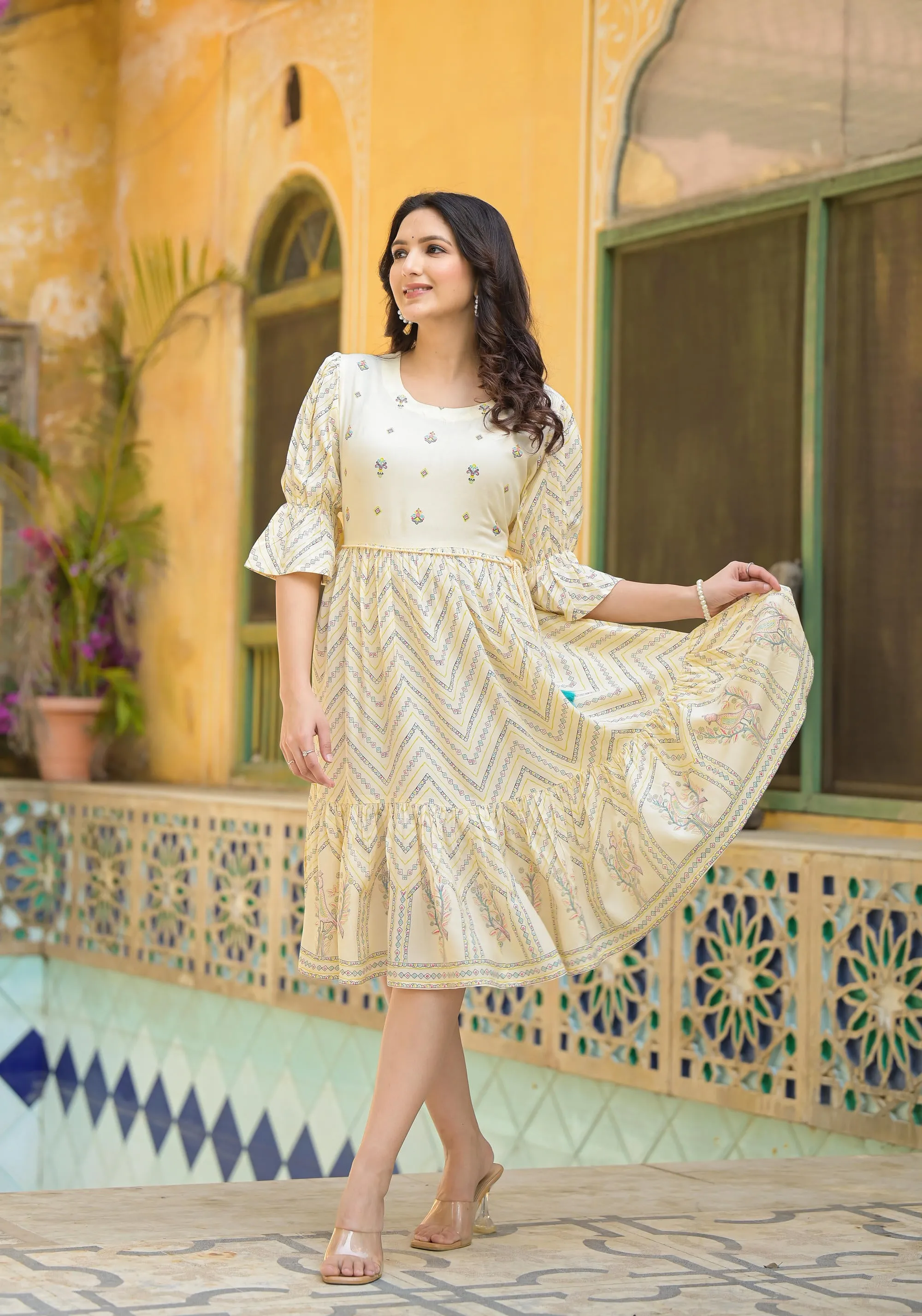 Ivory Ethnic Motif Printed Viscose Short Dress With Dori