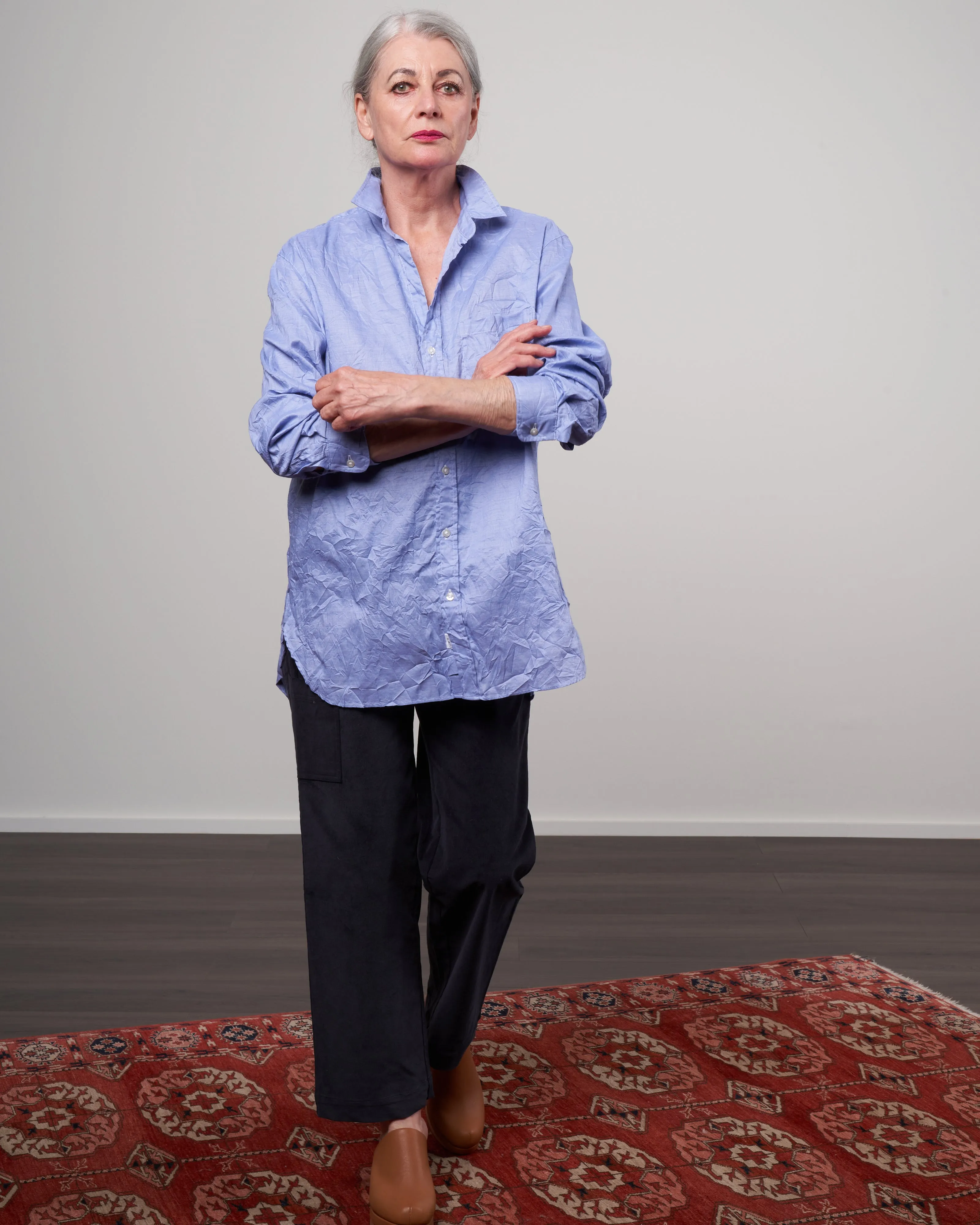 joedy woven button up - signature crinkle micro blue stripe