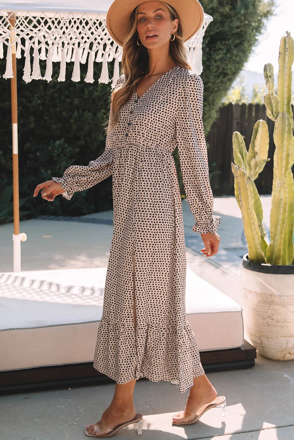 KaleaBoutique Dotty Print Button V Neck Long Sleeve Ruffled Dress