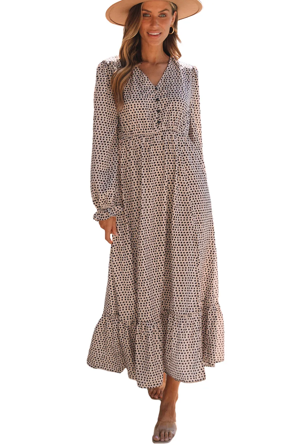 KaleaBoutique Dotty Print Button V Neck Long Sleeve Ruffled Dress