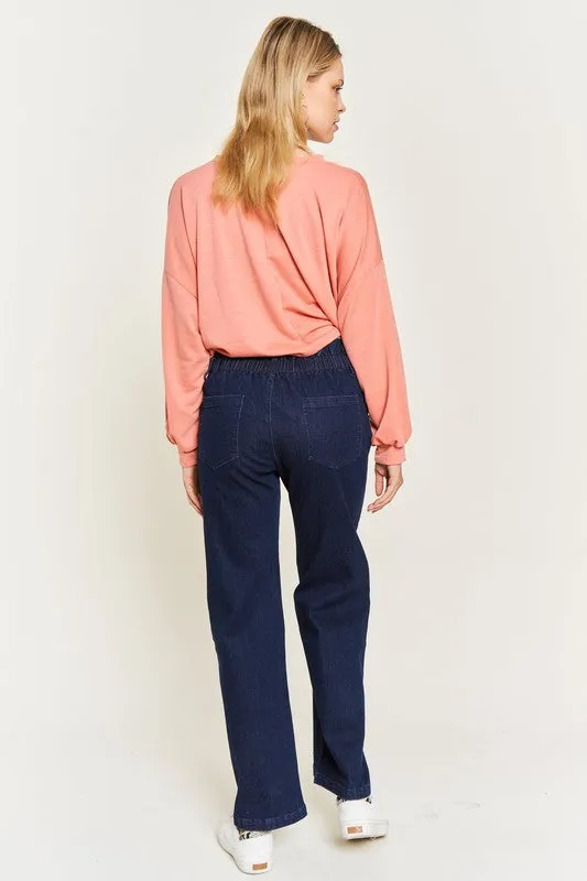 Katrin Curvy Plus High Waisted Wide Leg Jeans - Dark Wash, Button Fly, Stretch Denim