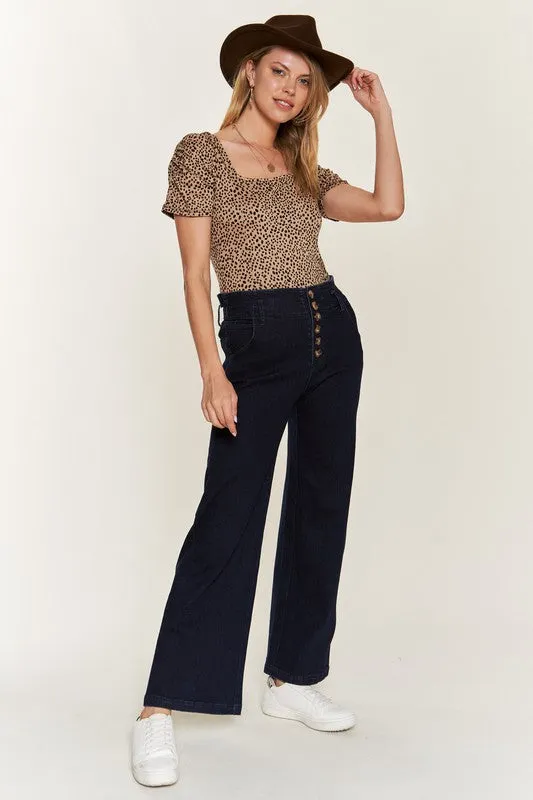 Katrin Curvy Plus High Waisted Wide Leg Jeans - Dark Wash, Button Fly, Stretch Denim