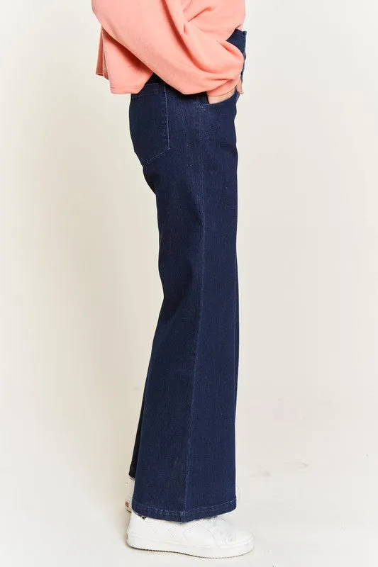 Katrin Curvy Plus High Waisted Wide Leg Jeans - Dark Wash, Button Fly, Stretch Denim