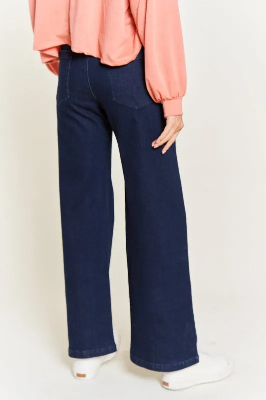 Katrin Curvy Plus High Waisted Wide Leg Jeans - Dark Wash, Button Fly, Stretch Denim