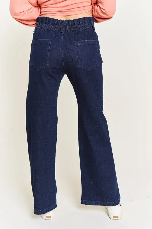 Katrin Curvy Plus High Waisted Wide Leg Jeans - Dark Wash, Button Fly, Stretch Denim