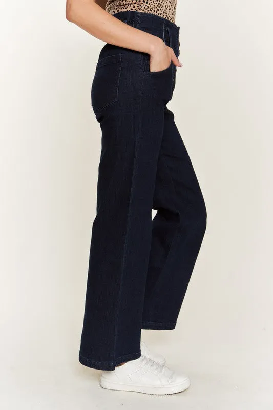 Katrin Curvy Plus High Waisted Wide Leg Jeans - Dark Wash, Button Fly, Stretch Denim