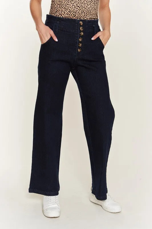 Katrin Curvy Plus High Waisted Wide Leg Jeans - Dark Wash, Button Fly, Stretch Denim