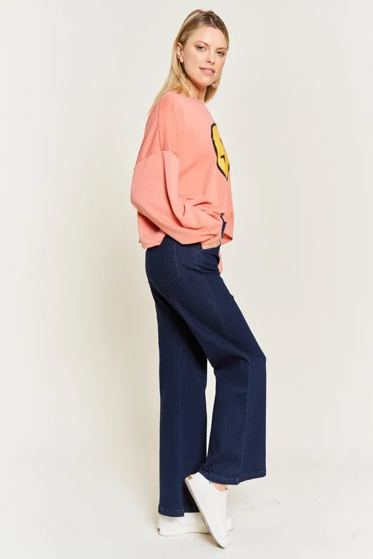 Katrin Curvy Plus High Waisted Wide Leg Jeans - Dark Wash, Button Fly, Stretch Denim