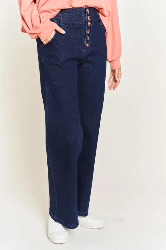 Katrin Curvy Plus High Waisted Wide Leg Jeans - Dark Wash, Button Fly, Stretch Denim
