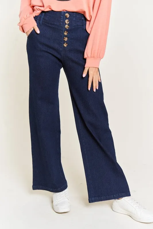 Katrin Curvy Plus High Waisted Wide Leg Jeans - Dark Wash, Button Fly, Stretch Denim