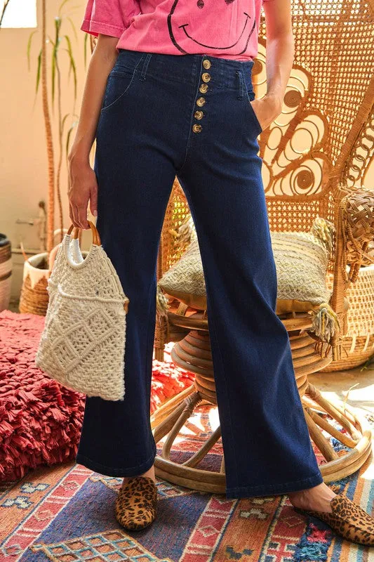 Katrin High Waisted Wide Leg Jeans - Dark Wash, Stretch Denim, Vintage Style