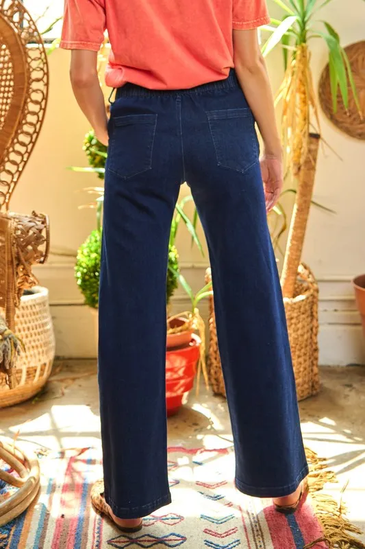 Katrin High Waisted Wide Leg Jeans - Dark Wash, Stretch Denim, Vintage Style