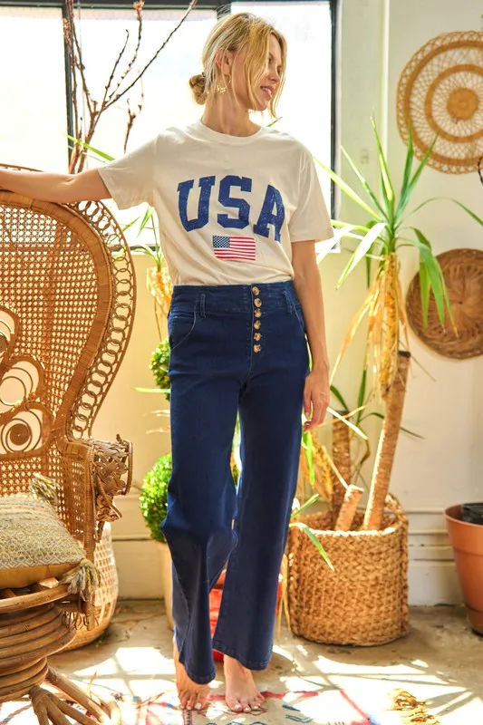 Katrin High Waisted Wide Leg Jeans - Dark Wash, Stretch Denim, Vintage Style