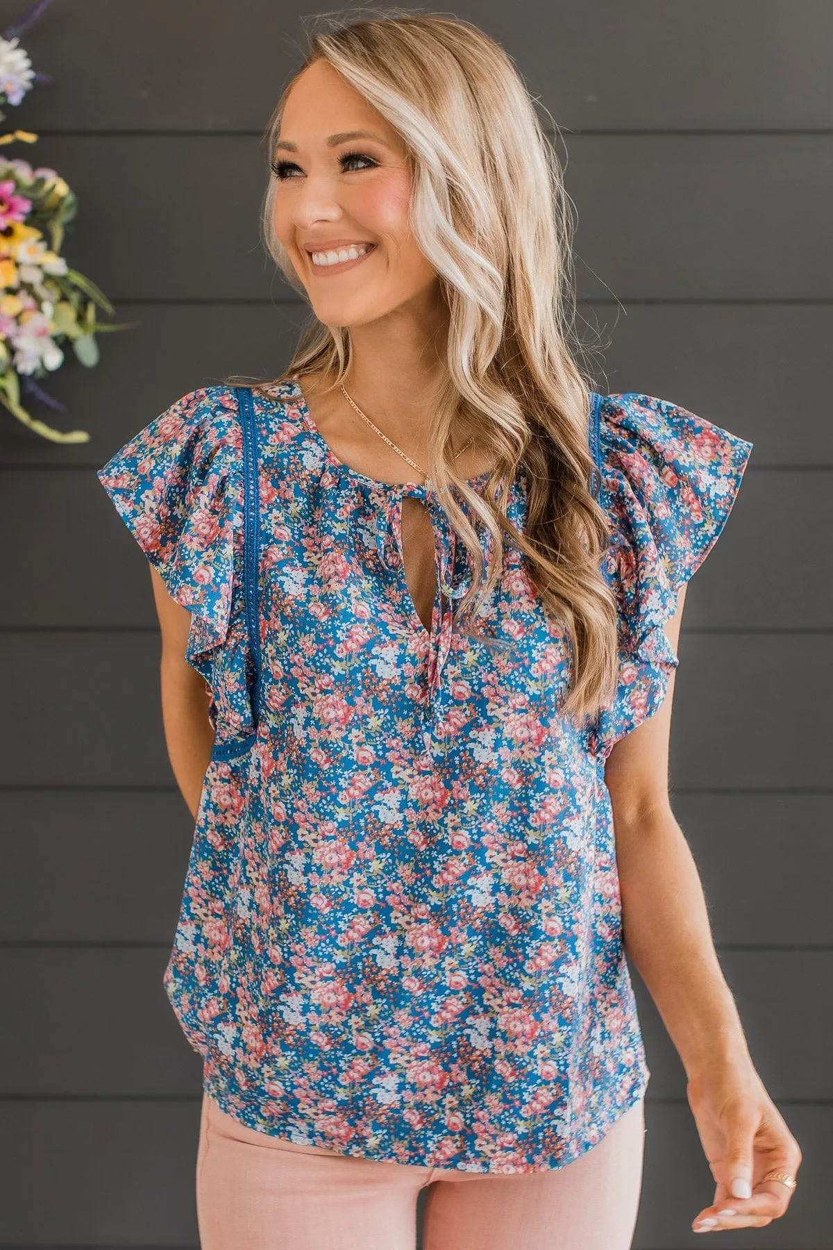 Keen On You Floral Blouse- Royal Blue & Pink