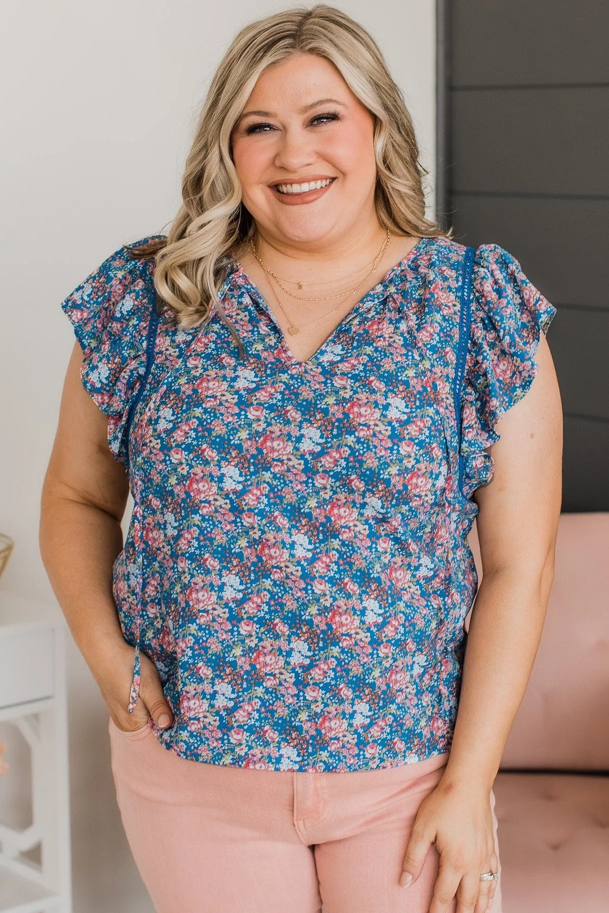 Keen On You Floral Blouse- Royal Blue & Pink