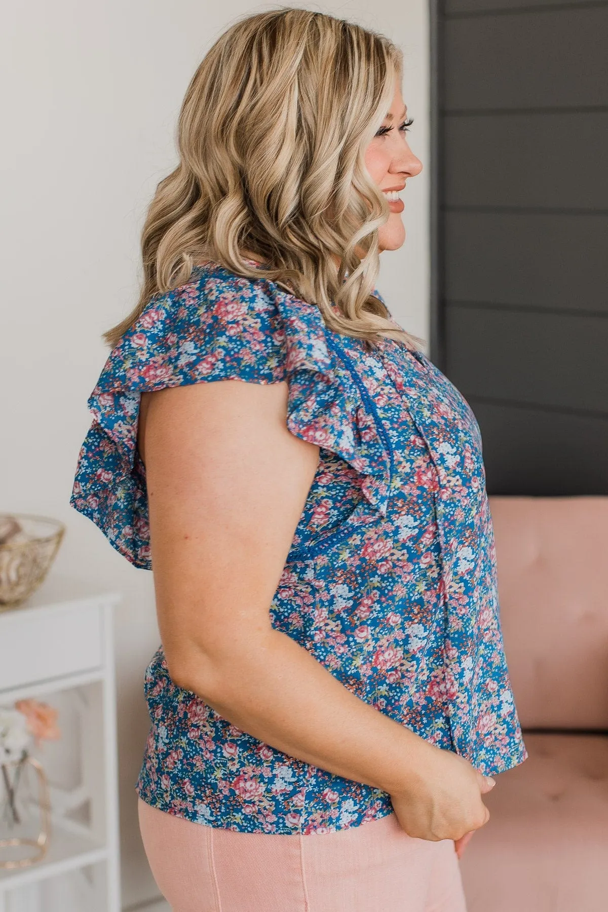 Keen On You Floral Blouse- Royal Blue & Pink