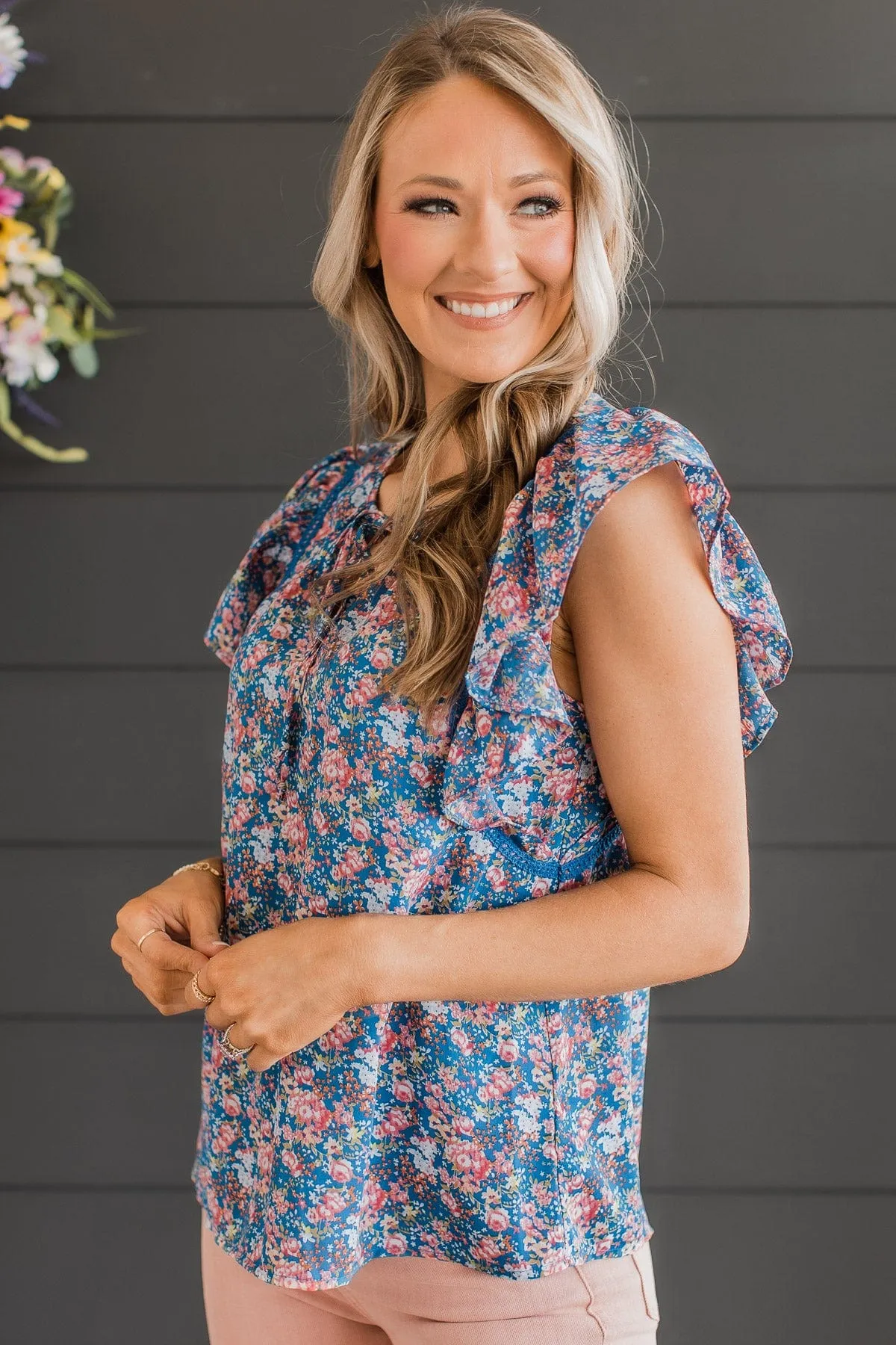 Keen On You Floral Blouse- Royal Blue & Pink
