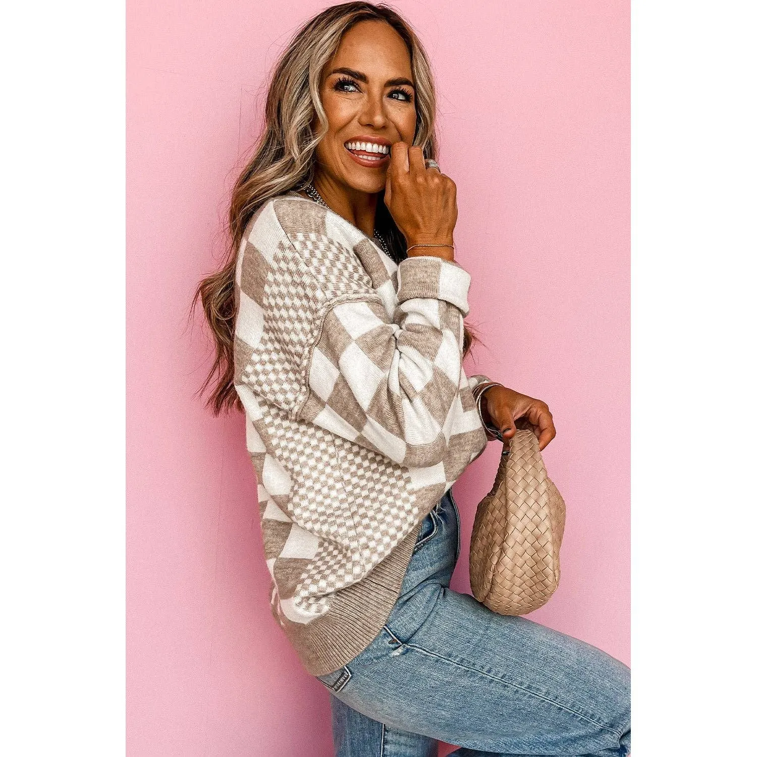 Khaki Checkered Print Drop Shoulder Round Neck Sweater
