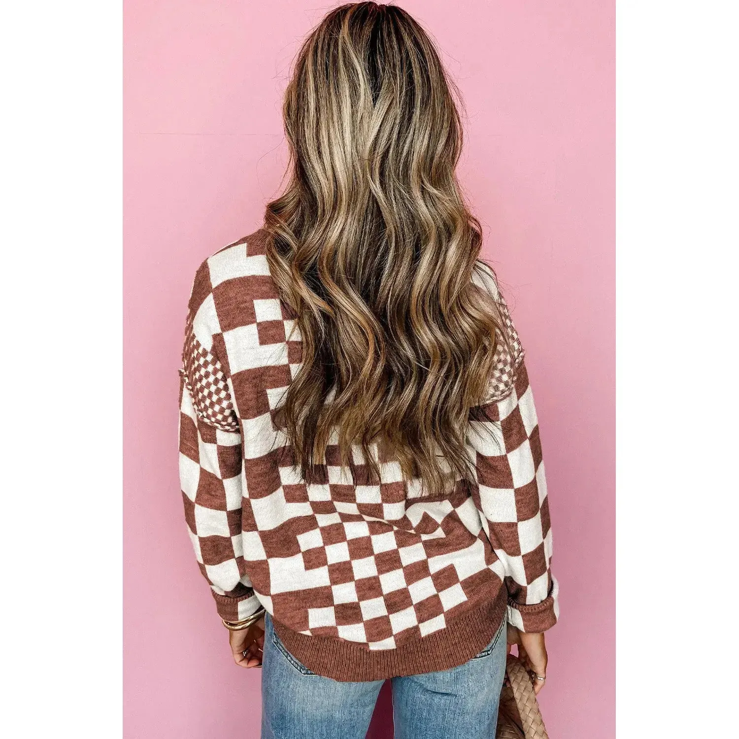 Khaki Checkered Print Drop Shoulder Round Neck Sweater