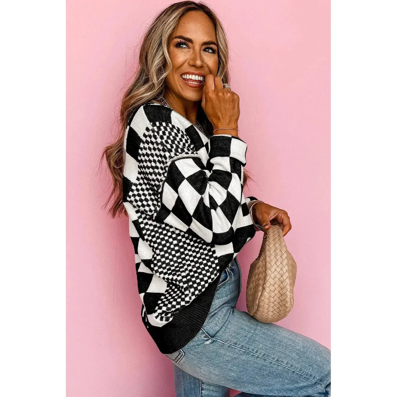 Khaki Checkered Print Drop Shoulder Round Neck Sweater