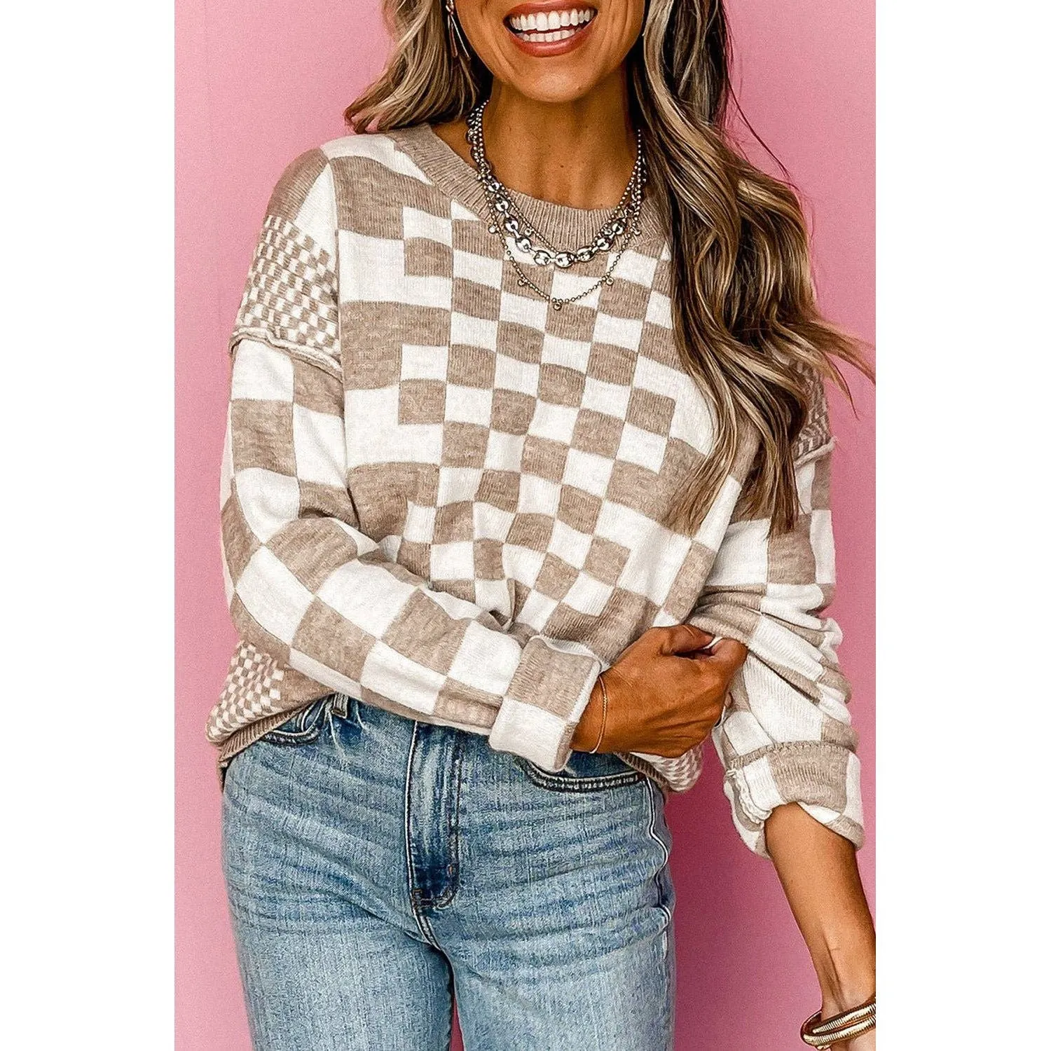 Khaki Checkered Print Drop Shoulder Round Neck Sweater