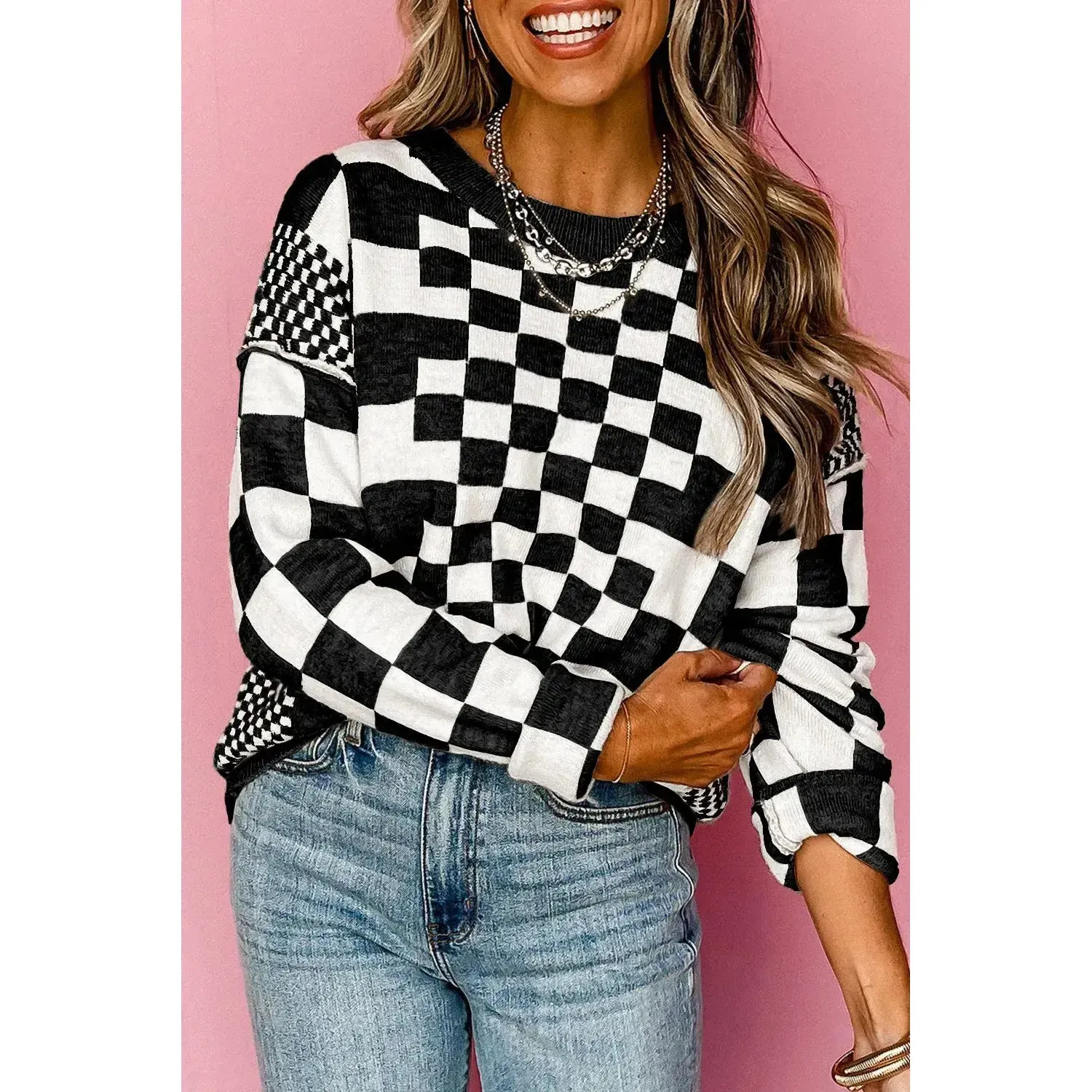 Khaki Checkered Print Drop Shoulder Round Neck Sweater