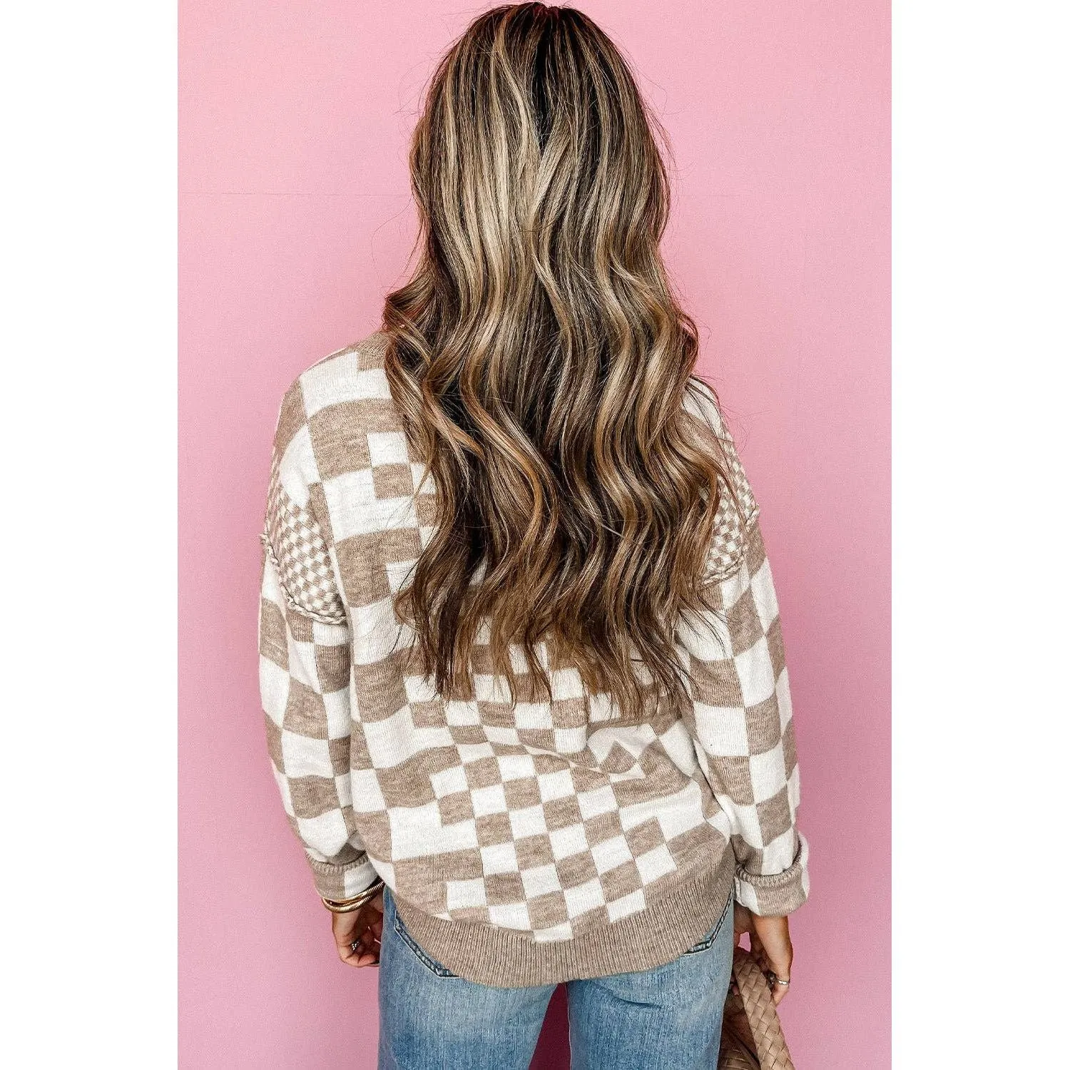 Khaki Checkered Print Drop Shoulder Round Neck Sweater