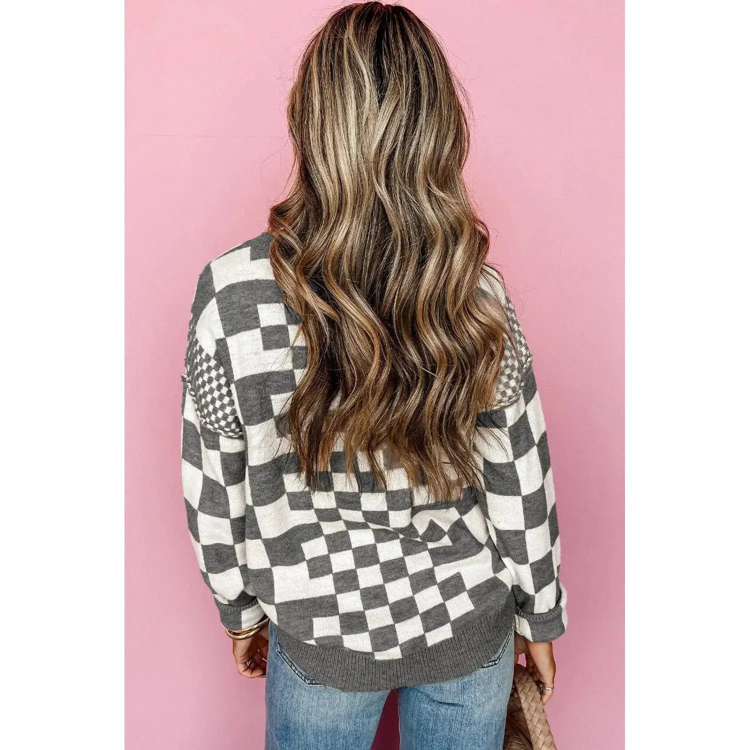 Khaki Checkered Print Drop Shoulder Round Neck Sweater
