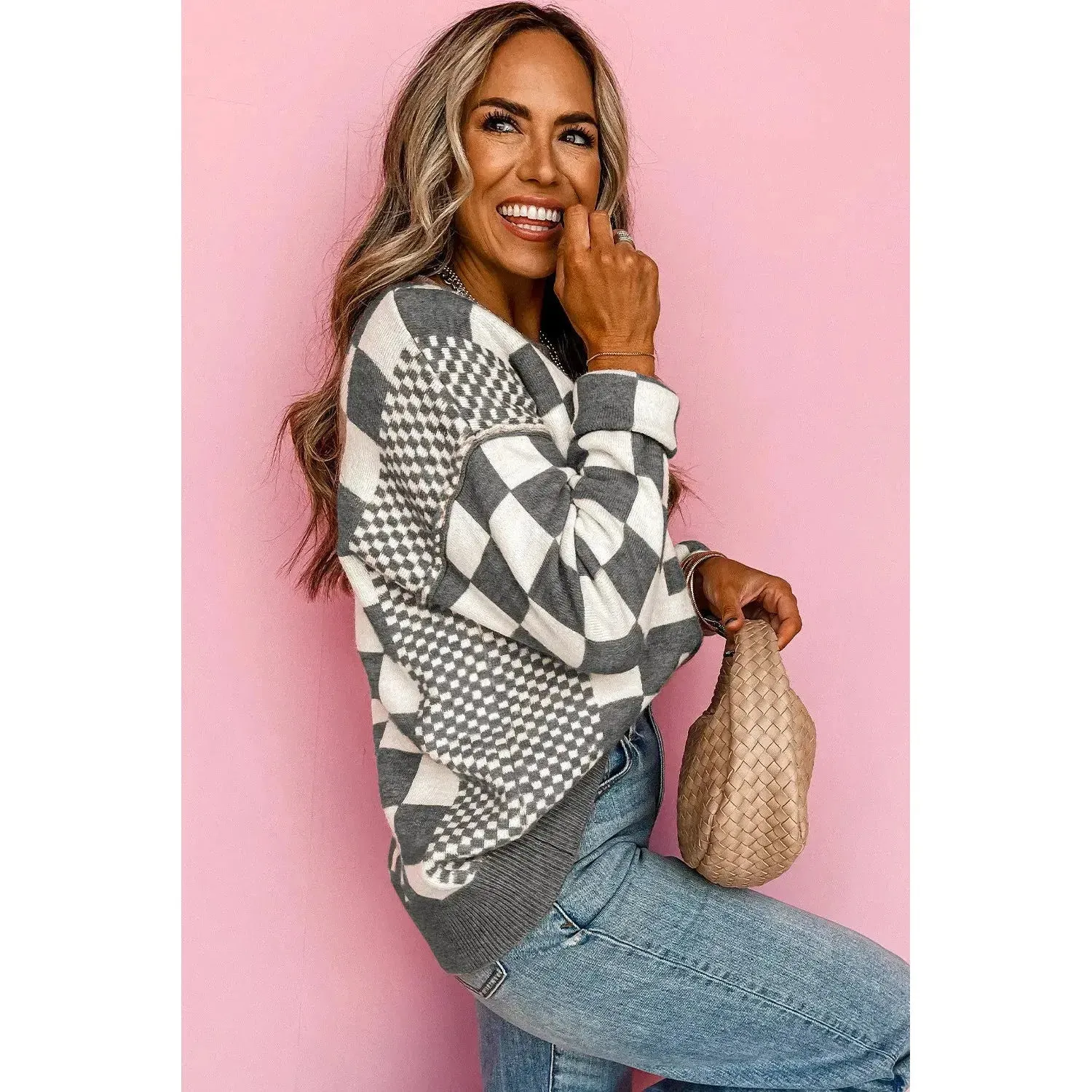 Khaki Checkered Print Drop Shoulder Round Neck Sweater