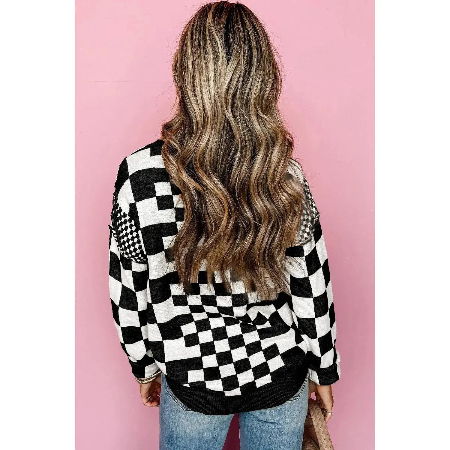 Khaki Checkered Print Drop Shoulder Round Neck Sweater