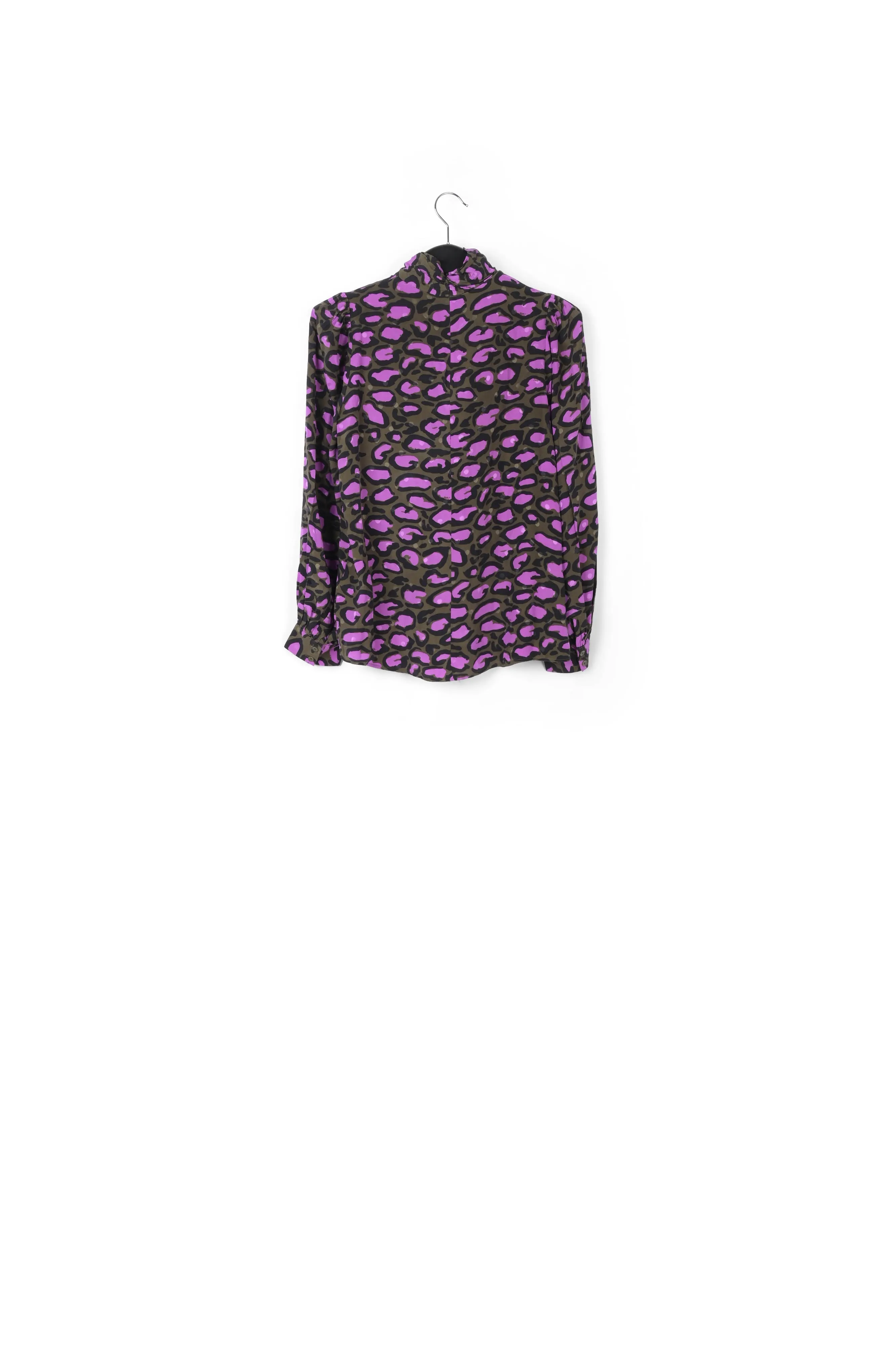 Khaki green silk top with stand-up collar and leopard print