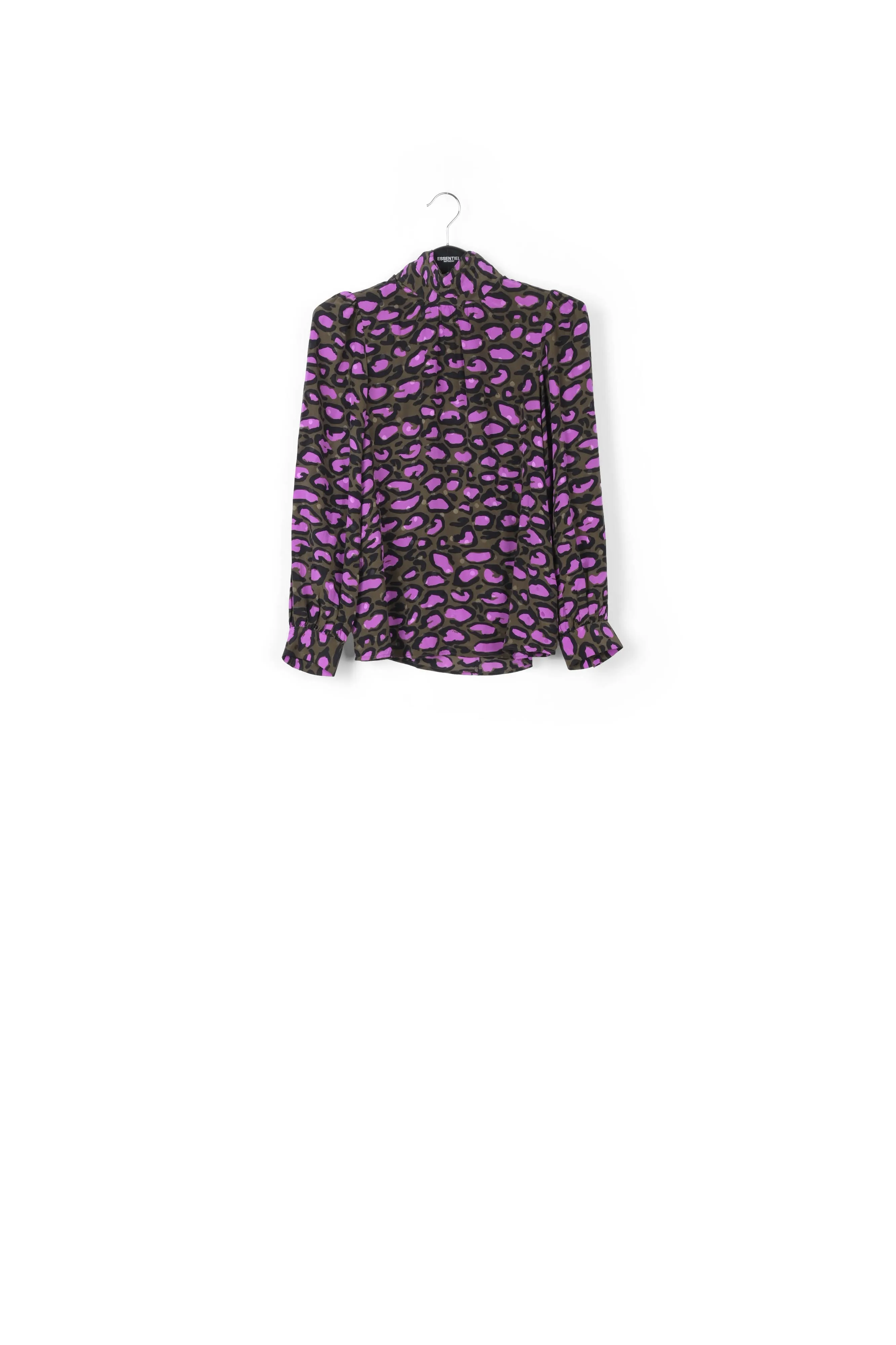 Khaki green silk top with stand-up collar and leopard print