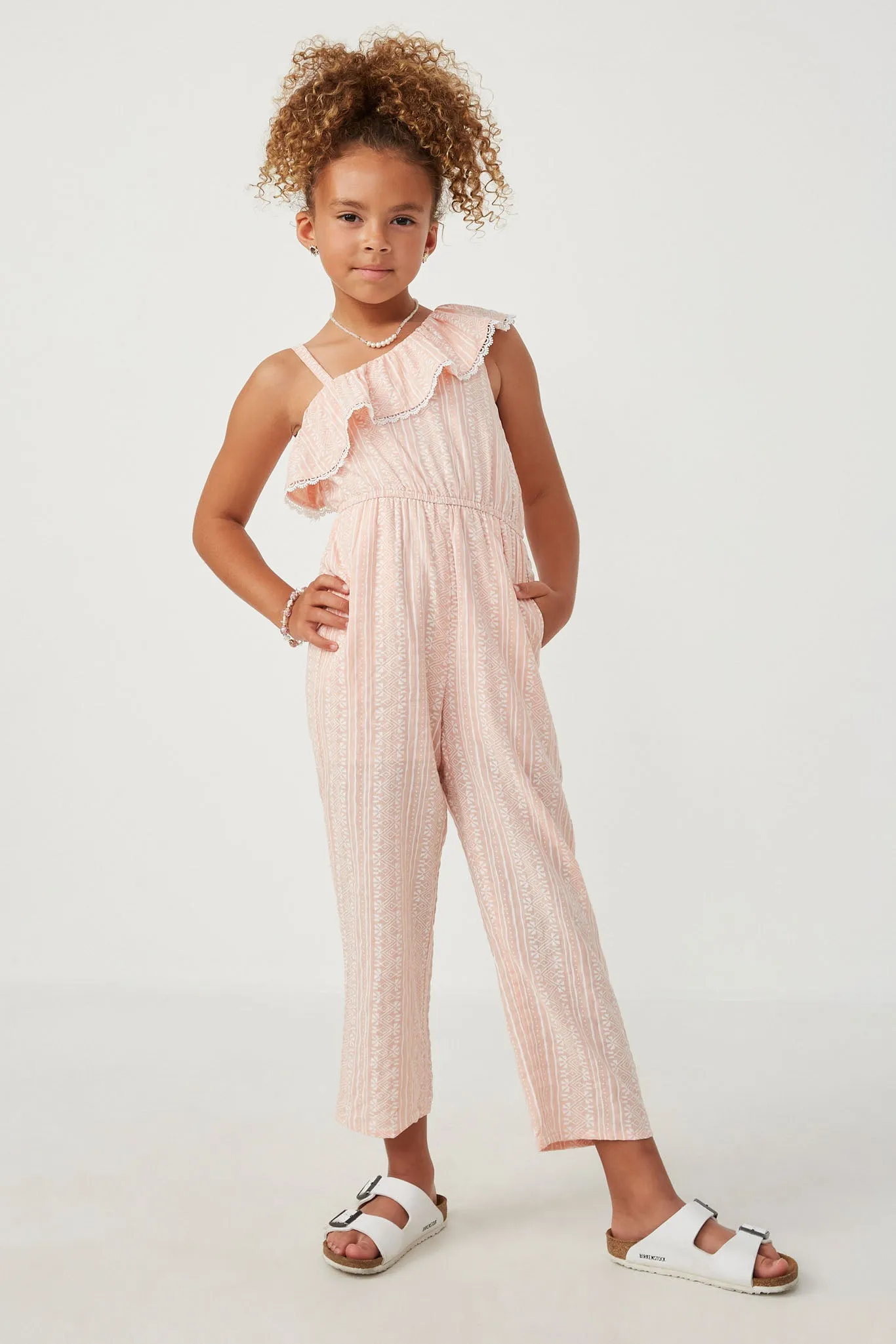 Lace Trim Ruffled One Shoulder Geometric Print Jumpsuit