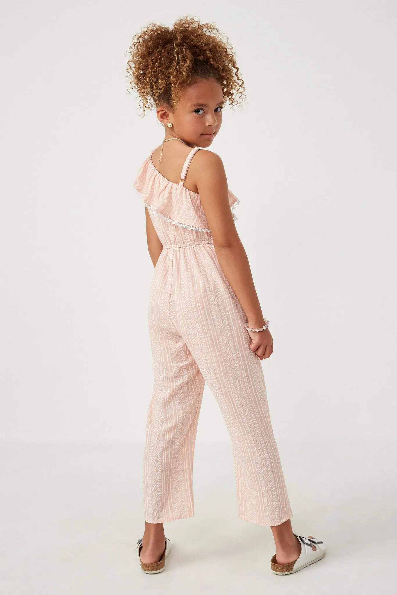 Lace Trim Ruffled One Shoulder Geometric Print Jumpsuit
