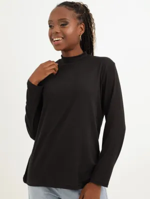 Ladies Long Sleeve Fitted Poloneck Top - Black