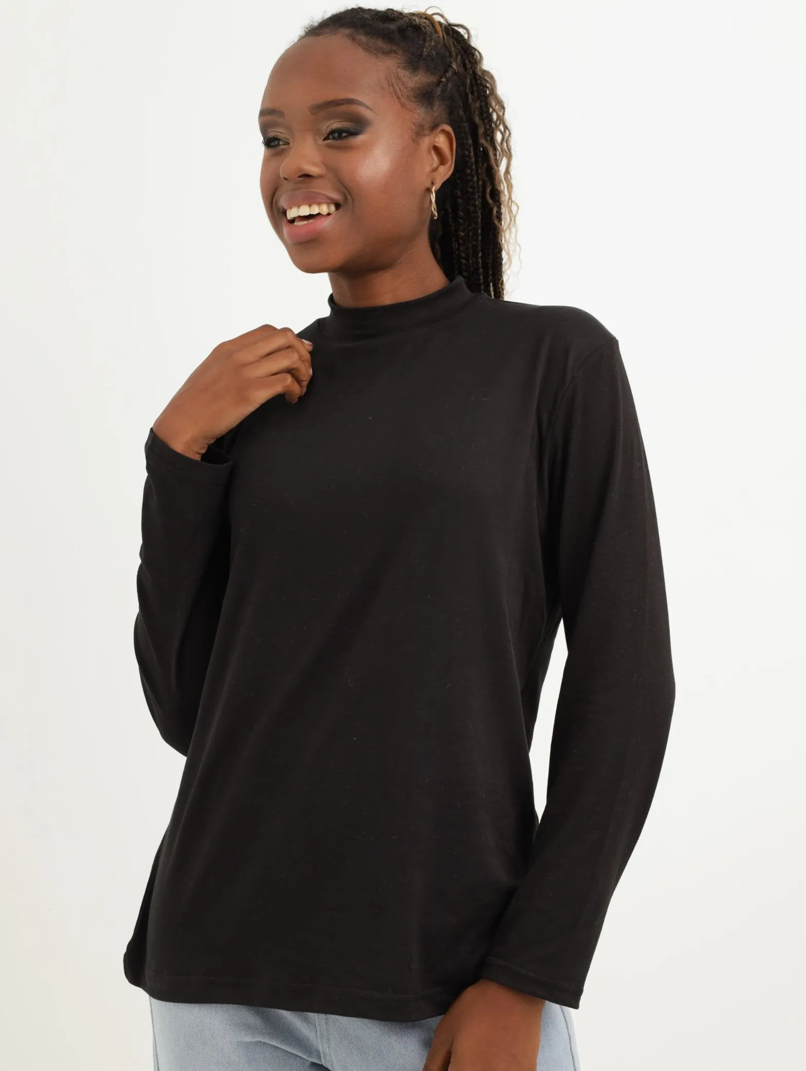 Ladies Long Sleeve Fitted Poloneck Top - Black
